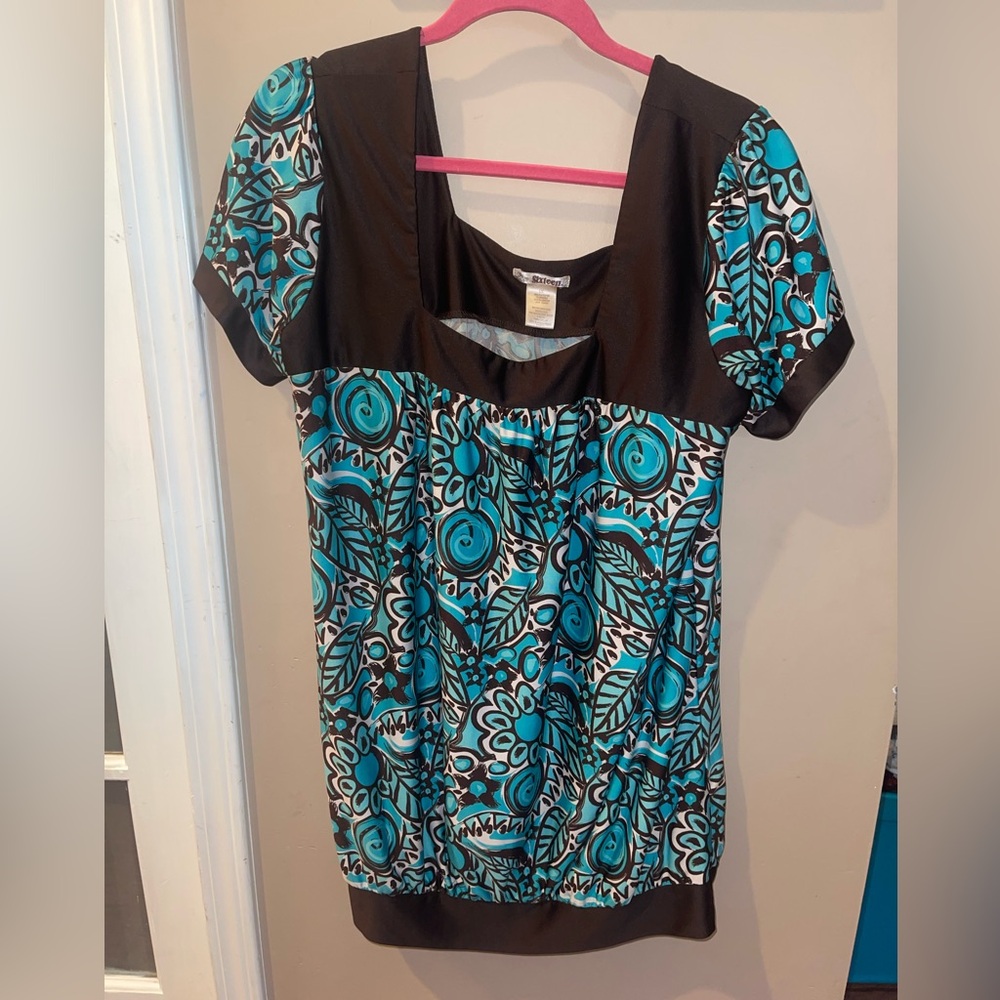 Sixteen Stylish Blue and brown Women's Top square neck blouse short size 1X Y2K